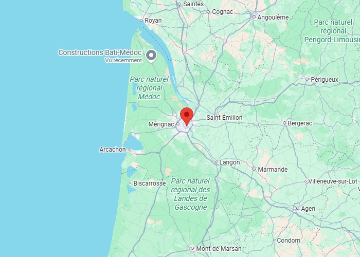 Carte Interactive de Bordeaux et de la Nouvelle-Aquitaine Carte de la Nouvelle-Aquitaine centrée sur Bordeaux avec repère rouge, incluant Arcachon et parcs naturels régionaux.
