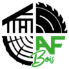 Logo AF Bois noir et vert montrant une maison, une lame de scie, des cernes de bois et le texte AF Bois.