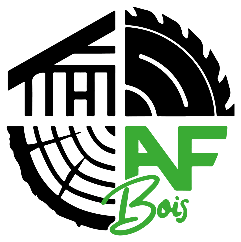 Logo AF Bois : Menuiserie, Charpente et Travail du Bois Logo AF Bois noir et vert montrant une maison, une lame de scie, des cernes de bois et le texte AF Bois.